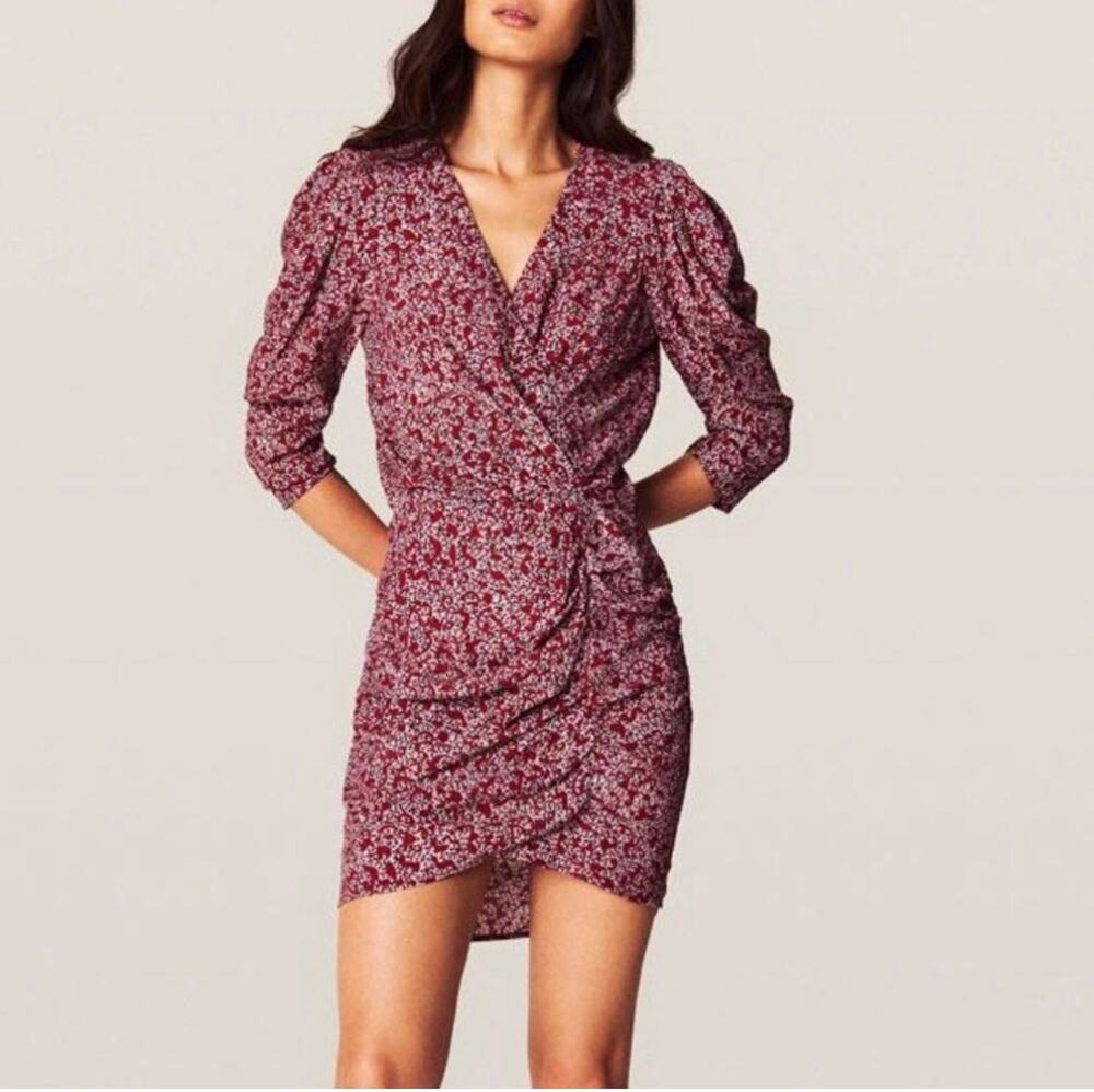 ba&sh Floral Paisley Ruched Mini Dress S Red Puff Sleeve Wrap V Neck